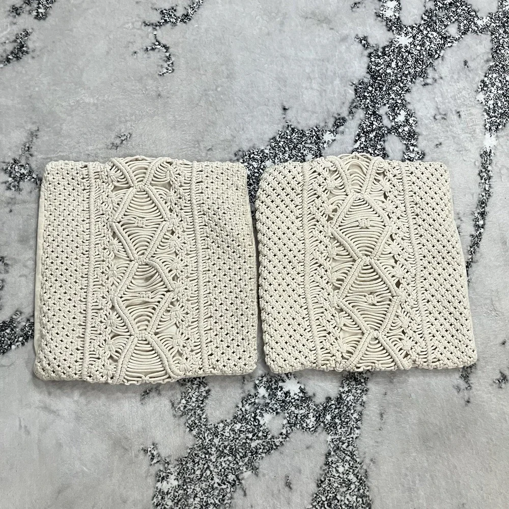Macrame Pillow Covers Set of 2 Ivory Boho Crochet Decorative Throw Pillow Cases